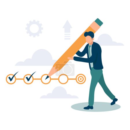Project tracking, goal tracker, task completion or checklist to remind project progress concept, businessman project manager holding big pencil to check completed tasks in project management timeline