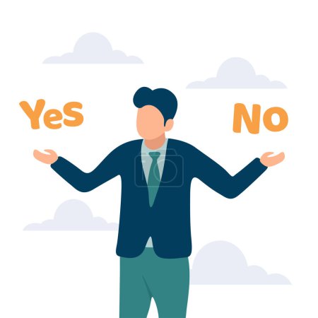 Business decision right or wrong, true or false, correct and incorrect, moral choosing option concept, thoughtful businessman holding right or wrong of left and right hand while making decision