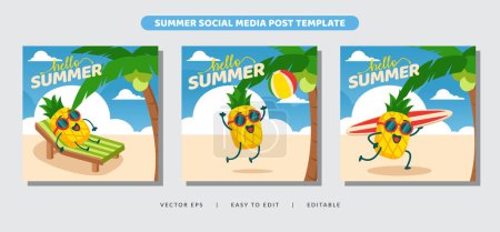 Hello summer activity with pineapple mascot character for social media post banner