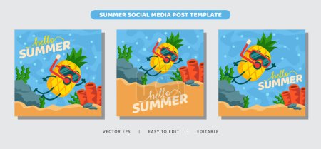 Hello summer activity with pineapple mascot character for social media post banner
