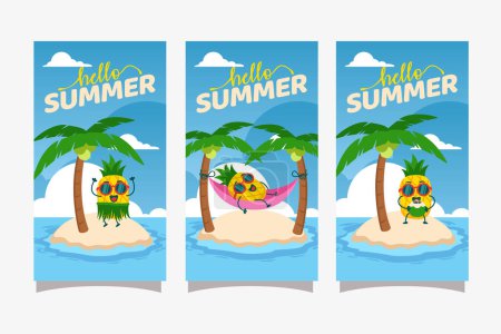 Photo for Hello summer activity with pineapple mascot character for social media stories banner - Royalty Free Image