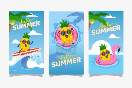 Hello summer activity with pineapple mascot character for social media stories banner
