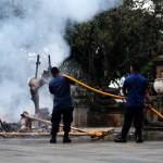Jakarta, Indonesia. April 21, 2024. Firefighters tackle a blaze that engulfed an Ogoh-ogoh at Jakarta's TMII tourist site