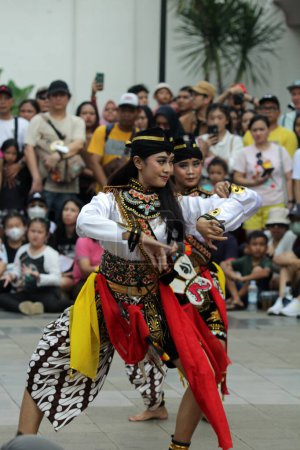 Photo for Jakarta, Indonesia. 10 April 2024. TMII, Jakartas open stage showcased the captivating Reyog Ponorogo to visitors - Royalty Free Image