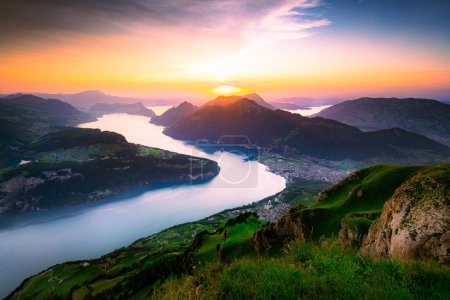 Beautiful panoramic view of Lake Lucerne from Fronalpstock near the village of Stoos 
