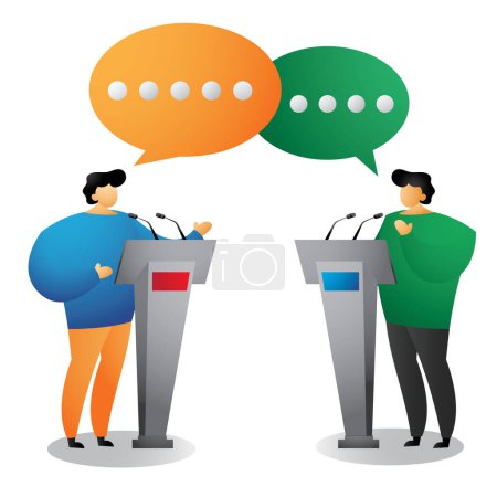 Illustration for People Debate, presenting, giving a speech at the wood podium with two microphones on conference concept background - Royalty Free Image