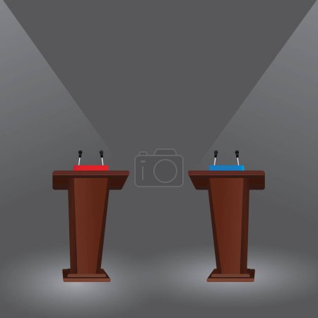 Illustration for Debate, presenting, giving a speech at the wood podium with two microphones on conference concept background - Royalty Free Image