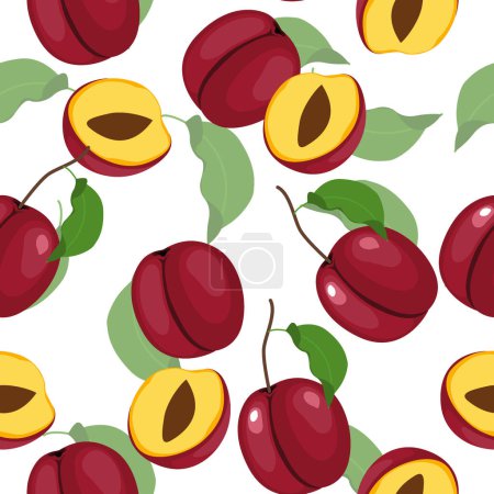 A seamless pattern of plum with leaf. Vector illustration.