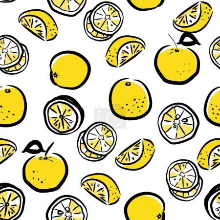 Naranja - Patrón sin costuras de frutas de verano con naranja, mitad y hoja. Fondo tropical dulce para textil, tela y papel decorativo. Ilustración vectorial.