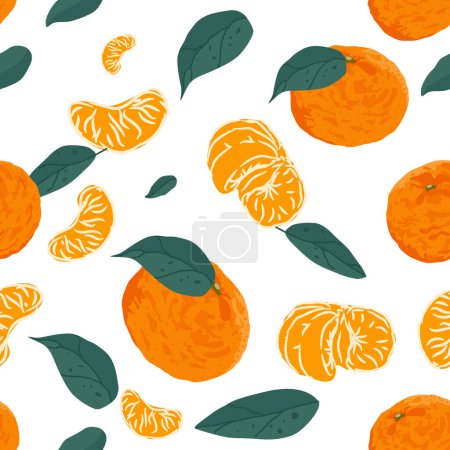 Orange - Sommerfrucht nahtloses Muster mit Orange, Hälfte und Blatt. Süßer tropischer Hintergrund für Textilien, Stoff und Dekorpapier. Vektorillustration.