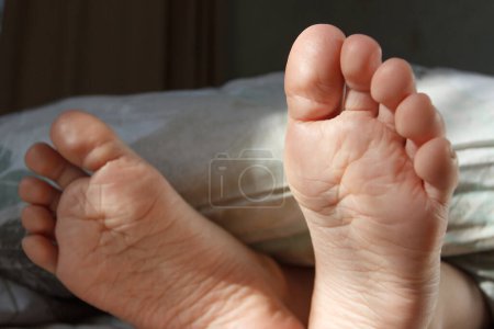Photo for Feet under a light blanket on the bed. Concept of healthy life - Royalty Free Image