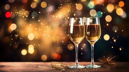 Foto de Vasos con champán sobre fondo dorado con confeti y fuegos artificiales. Año nuevo fiesta o concepto de vacaciones de invierno - Imagen libre de derechos