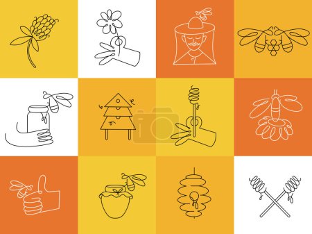 Photo for Vector design templates badges. Organic and eco honey labels and tags with bees. Linear style - Royalty Free Image