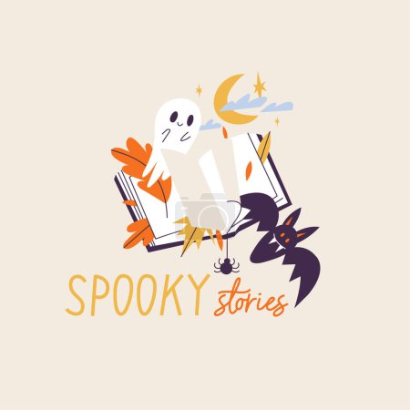 Illustration for Vector illustration halloween composition.Horror Helloween book with bat and ghost. Fall lettering - Royalty Free Image