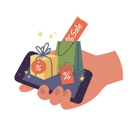 Illustration for Vector illustration concept of sale in online shopping. Hand holding a mobile phone with packages and purchases with sale coupon - Royalty Free Image