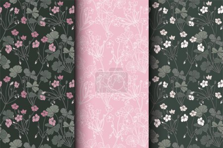Téléchargez les illustrations : Illustrations vectorielles ensemble de motifs floraux vintage sans couture. Fleurs fond pour emballage cosmétique - en licence libre de droit
