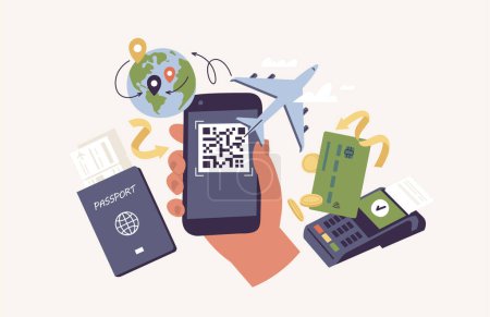 Illustration for Vector Illustrations concept of online airplane ticket order. Human hand holding a mobile phone with QR code ticket surrounded travel items - Royalty Free Image