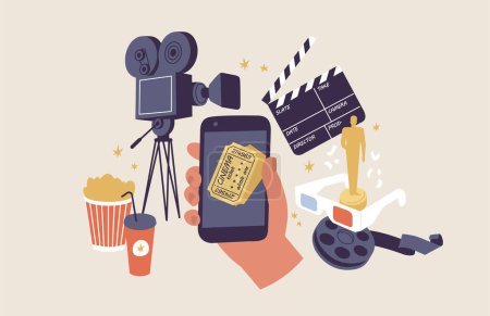 Illustration for Vector Illustrations concept of online cinema ticket order. Human hand holding a mobile phone with cinema ticket surrounded cinema items - Royalty Free Image