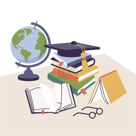 Illustration for Vector illustration table with stacks of books and school globe, com-pas and pencil, graduation cap. Educational items - Royalty Free Image