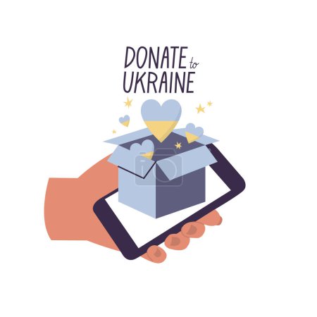 Téléchargez les illustrations : Illustrations vectorielles téléphone portable avec boîte de don avec des coeurs. Aide à l'Ukraine - en licence libre de droit
