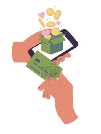 Illustration for Vector Illustrations hand holding phone with donation box with golden coin and hearts. Second hand holding credit card. Concept of charity - Royalty Free Image
