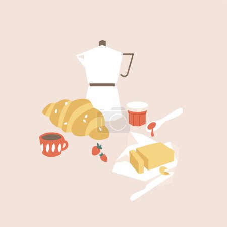 Téléchargez les illustrations : Illustration vectorielle Petit déjeuner traditionnel français - tasse de café et croissant à la confiture et au beurre. Délicieux déjeuner - en licence libre de droit
