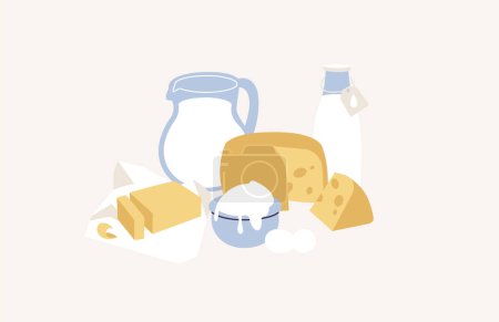Ilustración de Ilustración vectorial de productos lácteos: leche, queso, cuajada, mantequilla. huevo y crema agria - Imagen libre de derechos