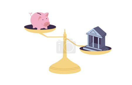 Ilustración de Concepto de ilustración vectorial elegir entre banco y hucha. Planificación presupuestaria e inversión en ahorro de dinero - Imagen libre de derechos