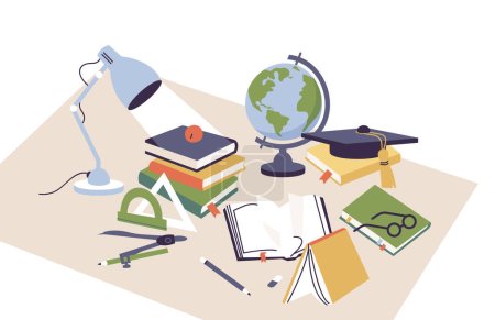 Illustration for Vector illustration table with stacks of books and shool globe, compas and pencil, graduation cap. Educational items - Royalty Free Image