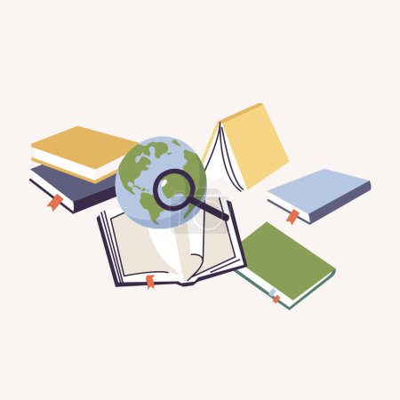 Illustration for Vector illustration table with stacks of books and shool globe. Educational items - Royalty Free Image