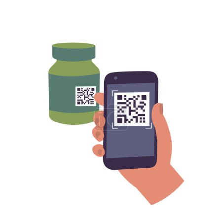 Illustration for Vector illustration hand holding mobile phone code scanner or reader and scanning a QR code on a bottle of medicine - Royalty Free Image