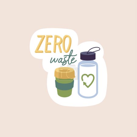 Illustration for Vector illustration eco sticker - zero waste quote with eco-friendly reusable coffee cup and water jar - Royalty Free Image