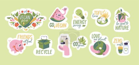 Téléchargez les illustrations : Illustration vectorielle jeu d'autocollants écologiques avec guillemets vegan, zéro déchet, recyclage, respectueux de l'environnement, protection de l'environnement - en licence libre de droit