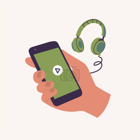 Illustration for Vector illustration mobile phone with headphones. Playing audio device - Royalty Free Image