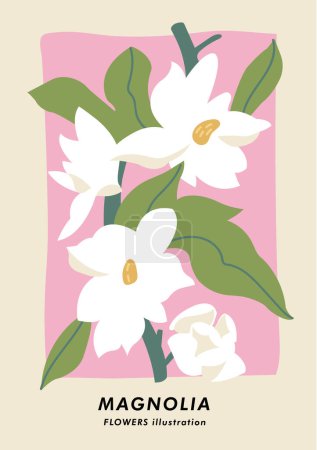 Téléchargez les illustrations : Illustration vectorielle affiche botanique avec fleurs de magnolia. Art pour cartes postales, art mural, bannière, fond - en licence libre de droit