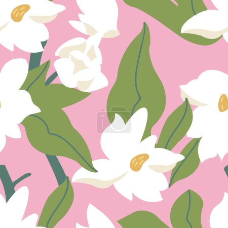 Ilustración de Ilustración vectorial con flores de magnolia. Corona de flores. Patrón sin costuras. Fondo de flores para envases de cosméticos - Imagen libre de derechos