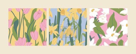 Ilustración de Ilustración vectorial con narcisos, bindweed y flores de Bluebell. Corona de flores. Patrón sin costuras. Fondo de flores para envases de cosméticos - Imagen libre de derechos
