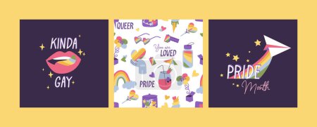 Téléchargez les illustrations : Ensemble vectoriel de symboles et d'icônes de la communauté LGBTQ. Participe sans couture aux décorations du Mois de la fierté - en licence libre de droit