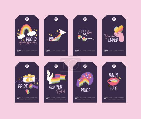 Téléchargez les illustrations : Étiquettes vectorielles de modèle LGBTQ pour cadeau et cadeaux avec des attributs et des symboles d'amour. Étiquettes de décorations Mois de la fierté - en licence libre de droit