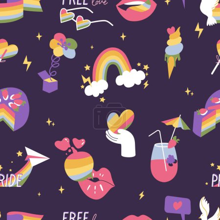 Illustration for Vector set of LGBTQ community symbols and icons. Seamless parten for Pride Month decorations - Royalty Free Image