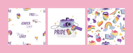 Illustration for Vector set of LGBTQ community symbols and icons. Seamless parten for Pride Month decorations - Royalty Free Image
