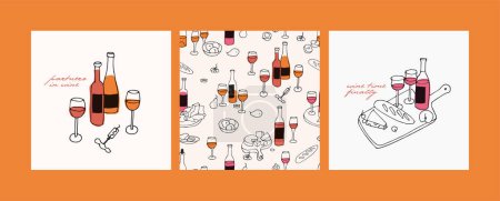 Téléchargez les illustrations : Illustration vectorielle tendance et icônes dans un style linéaire - ensembles de vins avec bouteilles de vin, verres et assiettes avec fromage et fruits. Modèle sans couture - en licence libre de droit