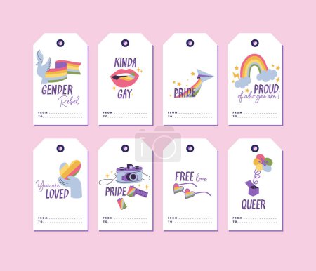 Illustration for Vector LGBTQ template tags for gift and presents with attributes and love symbols. Pride Month decorations labels - Royalty Free Image