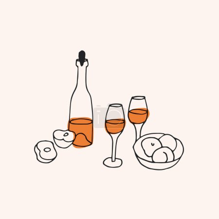 Téléchargez les illustrations : Illustration vectorielle tendance - ensemble vin avec bouteille de vin, verres et assiettes au fromage et fruits - en licence libre de droit