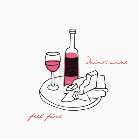 Téléchargez les illustrations : Illustration vectorielle tendance - ensemble vin avec bouteille de vin, verres et assiettes au fromage et fruits - en licence libre de droit