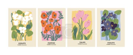 Téléchargez les illustrations : Illustration vectorielle ensemble d'affiches botaniques différentes fleurs. Art pour cartes postales, art mural, bannière, fond - en licence libre de droit