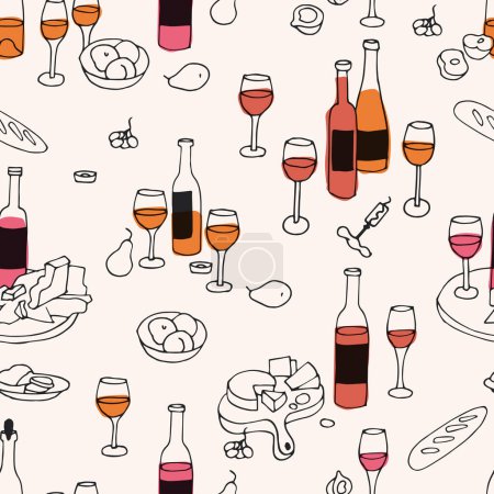 Ilustración de Patrón sin costura vectorial con iconos en estilo lineal: conjuntos de vinos con botellas de vino, vasos y platos con queso y frutas - Imagen libre de derechos