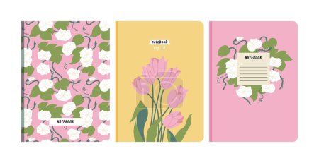 Illustration for Vector illustartion templates cover pages for notebooks, planners, brochures, books, catalogs. Flowers wallpapers with with tulip and bindweed - Royalty Free Image