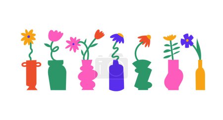 Illustration for Vector illustration colorful flowers with vases. Naive-style stickers for print or social media - Royalty Free Image