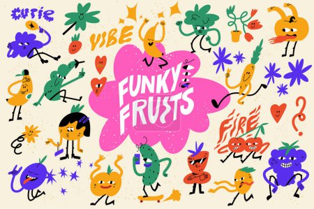 Illustration for Vector illustration set of fruits characters ?n retro style. Groovy colorful stickers for print - Royalty Free Image
